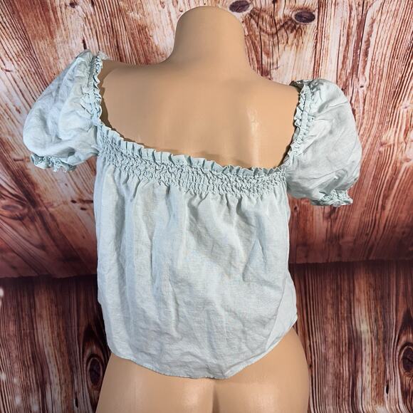 Aritzia Sunday Best Sz Small Teal Linen Blend Crop Top Shirt Elastic Puff Sleeve - Picture 3 of 9